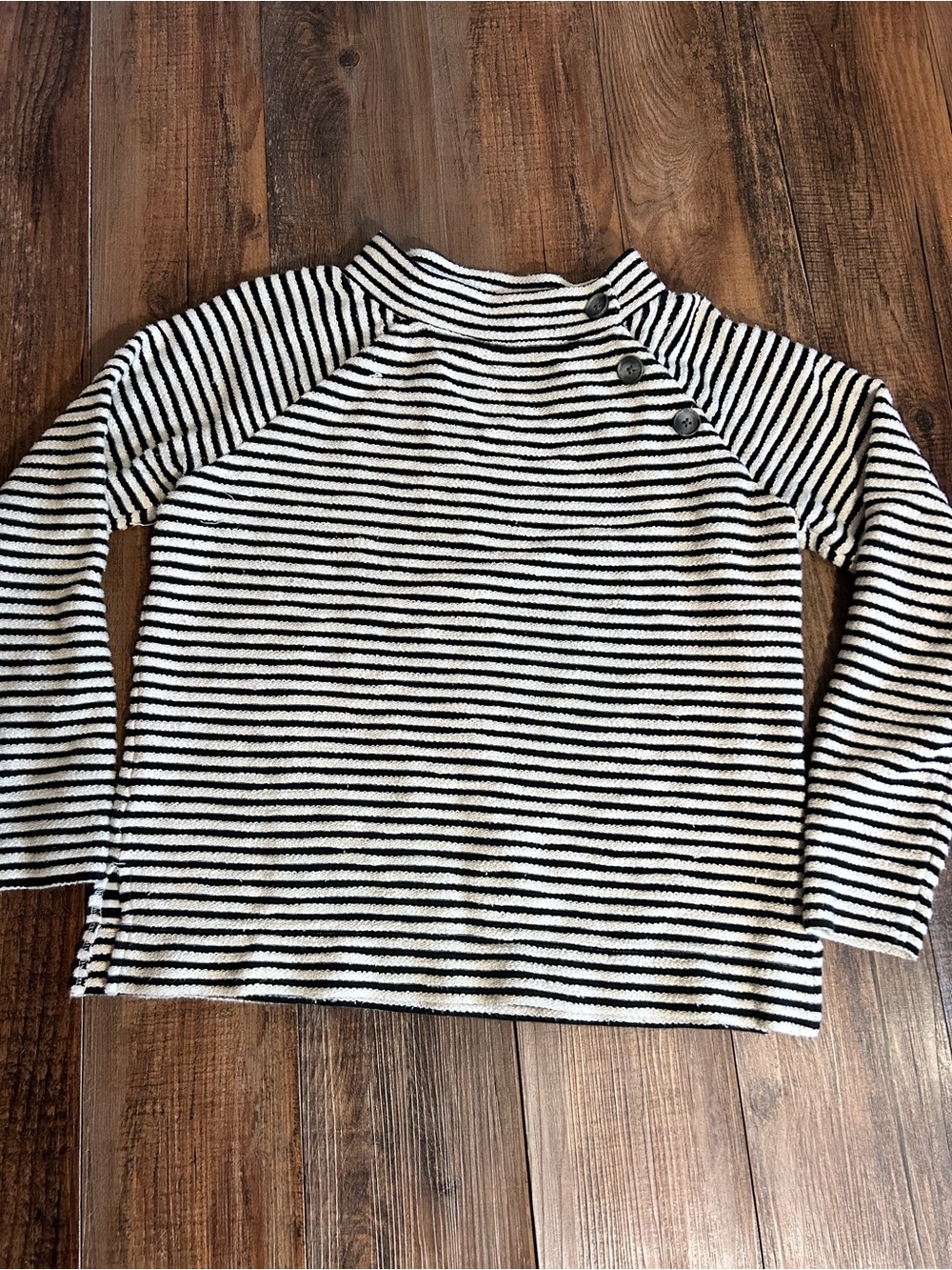 LOFT Black and White Striped Mock Neck Sweater with Shoulder Buttons Sz M